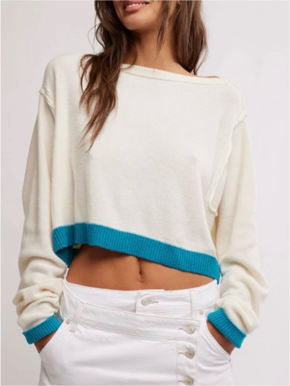We The Free Cream Off-the-Shoulder Cropped Sweater with Teal Trim